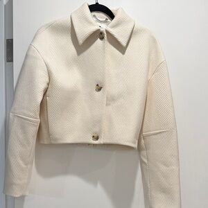 BOSS Cream Cropped Herringbone Wool-Blend Jacket